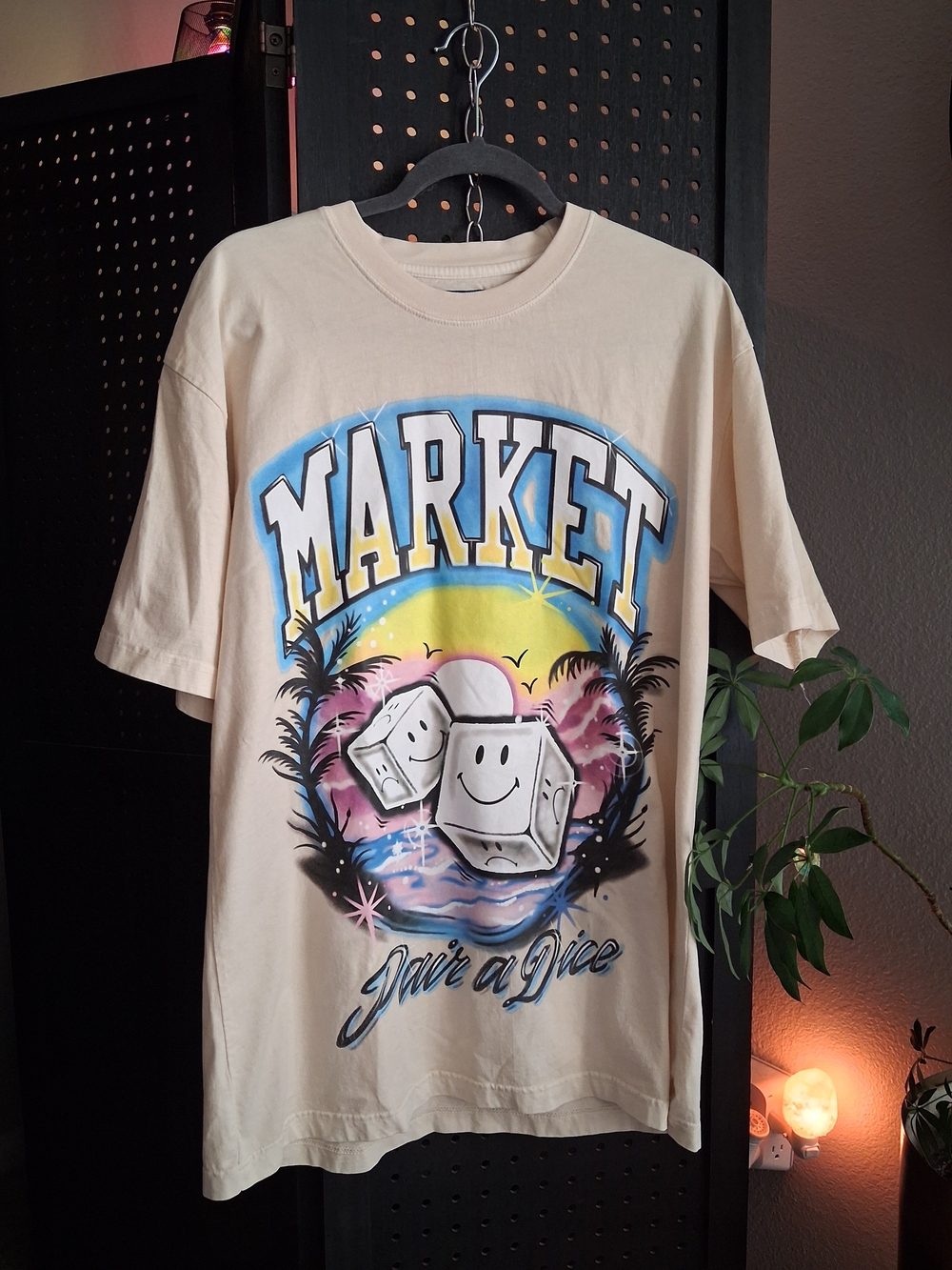 MARKET- " Pair A Dice"  Cream Graphic Tee with Blue Yellow Pink Black Print